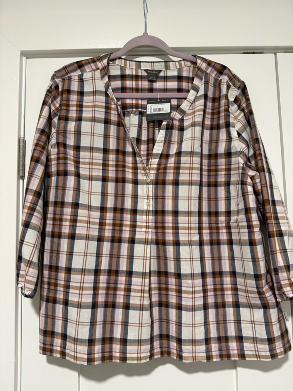 Eddie Bauer Plaid Button-Front Shirt in White, Brown, Navy
